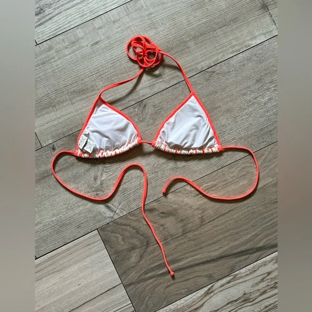 Milly cabana neon orange white “crochet” triangle bikini top sz M swimsuit